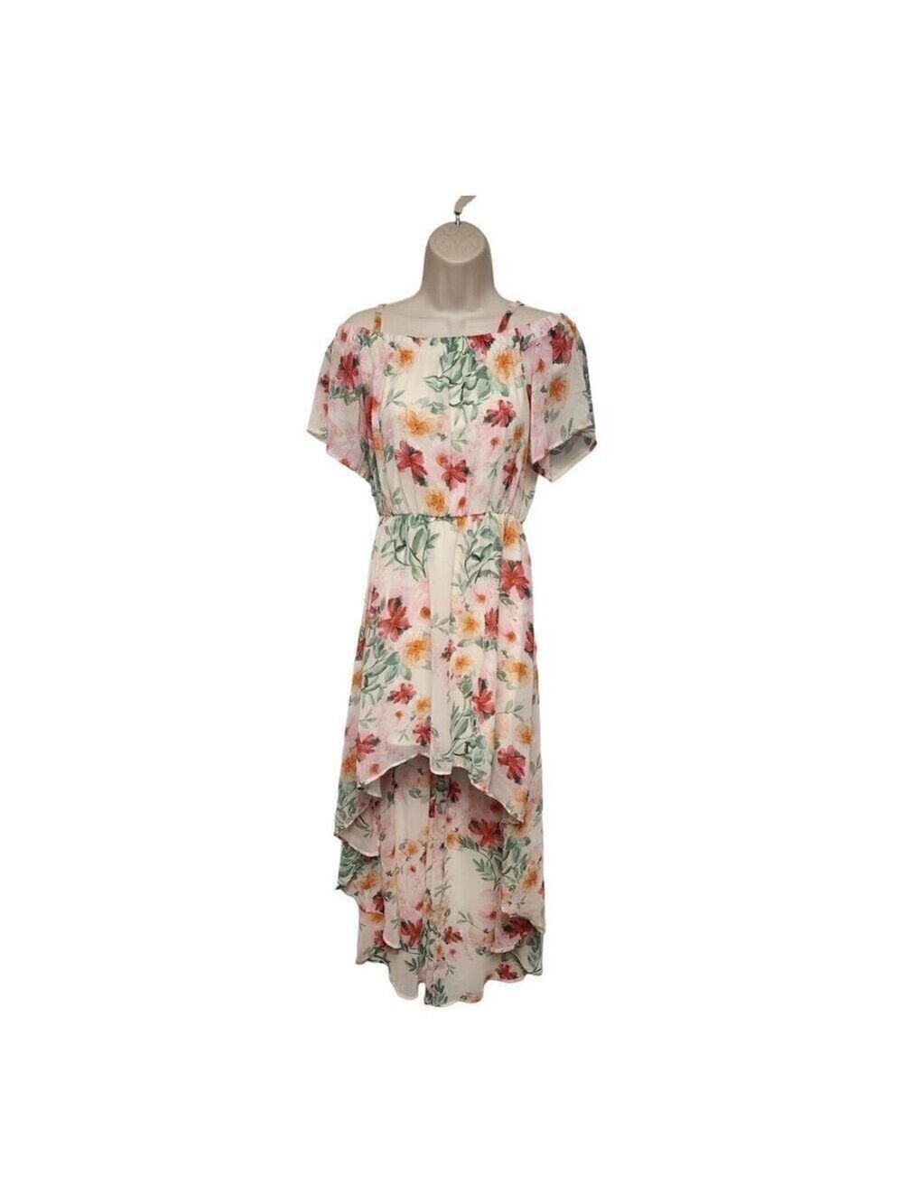 AUW Womans White Pink Floral High Low Off Shoulder Maxi Dress Size Small
